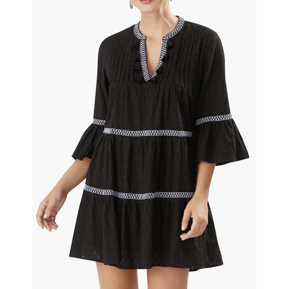 Tommy Bahama BlackCotton Embroidered Tiered Dress Cover Up‎ S